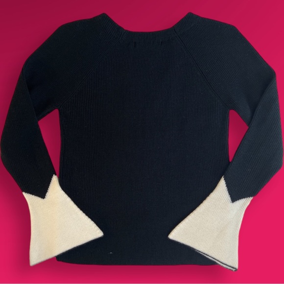 Merino Wool Crew Sweater Black Small Contrast Ivory Sleeves - Picture 5 of 13